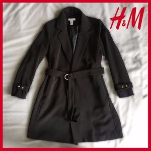 H&M Long Black Blazer/Jacket/Coat with tie belt 12